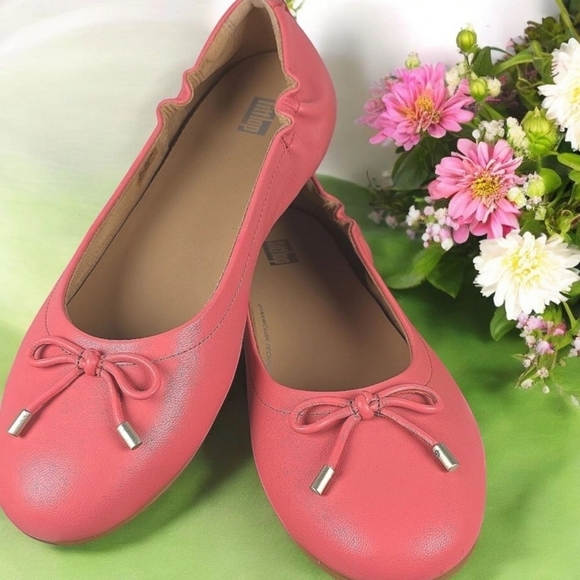 7.5FITFLOP SIZE 9 SHOES ROSY CORAL ALLEGRO BOW LEATHER BALLERINAS FLATS SPRING - Picture 1 of 16